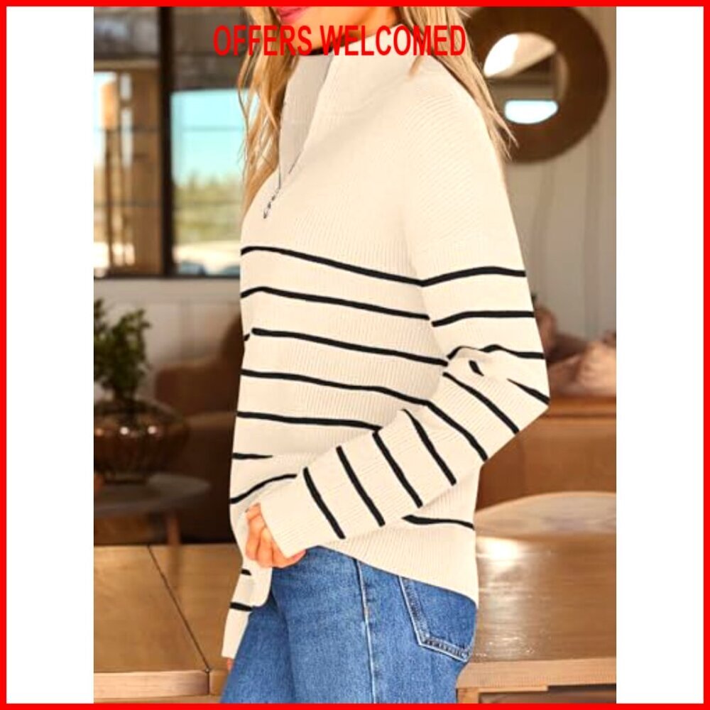 Quarter Zip Striped Oversized Sweater Mock Turtleneck Pullover - Picture 3 of 7